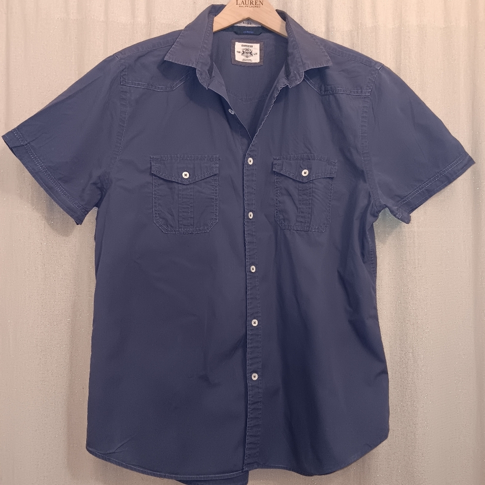 🙂EXPRESS Blue Front Pocket Military Style Short Sleeve Shirt Mens SZ L